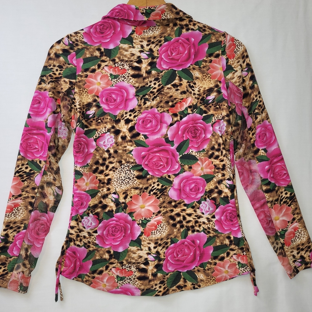 IBKUL Jovanna Quarter Zip Ruched Sides Top Women's Size Small Floral Leopard - Picture 5 of 8